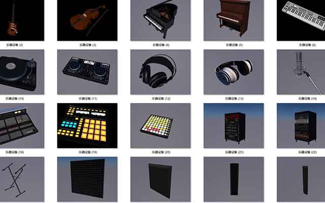 30套C4D乐器与音乐设备模型合集下载（含DJ设备、钢琴、吉他等）