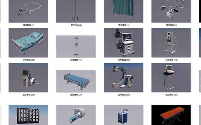 魔行网精选32个C4D医疗器械模型：病床、看牙椅与急诊医院场景合集下载