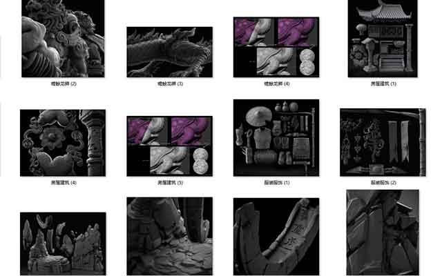 魔行网分享40个古风C4D模型合集：含人物服饰、建筑与龙狮元素