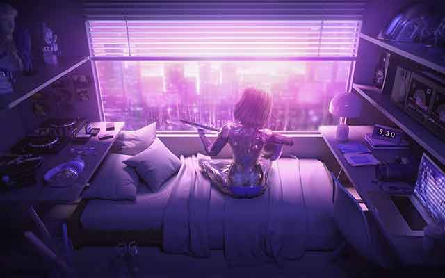 C4D+Octane渲染：机械少女坐床弹吉他场景工程文件