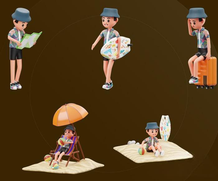 魔行网-卡通男孩度假 IP人物夏季度假旅游3D模型行李箱模型沙滩椅模型 – 魔行网-免费C4D资源网站，无需会员可下载海量C4D素材
