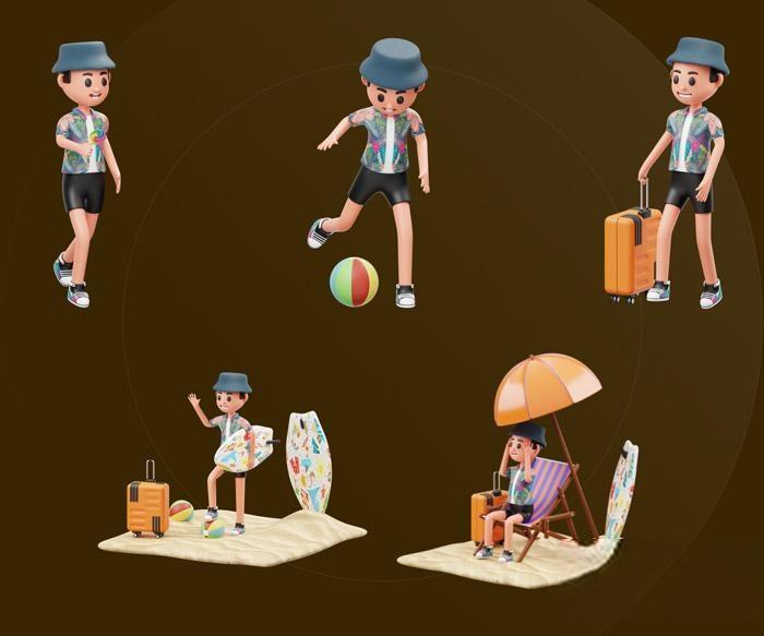 魔行网-卡通男孩度假 IP人物夏季度假旅游3D模型行李箱模型沙滩椅模型 – 魔行网-免费C4D资源网站，无需会员可下载海量C4D素材