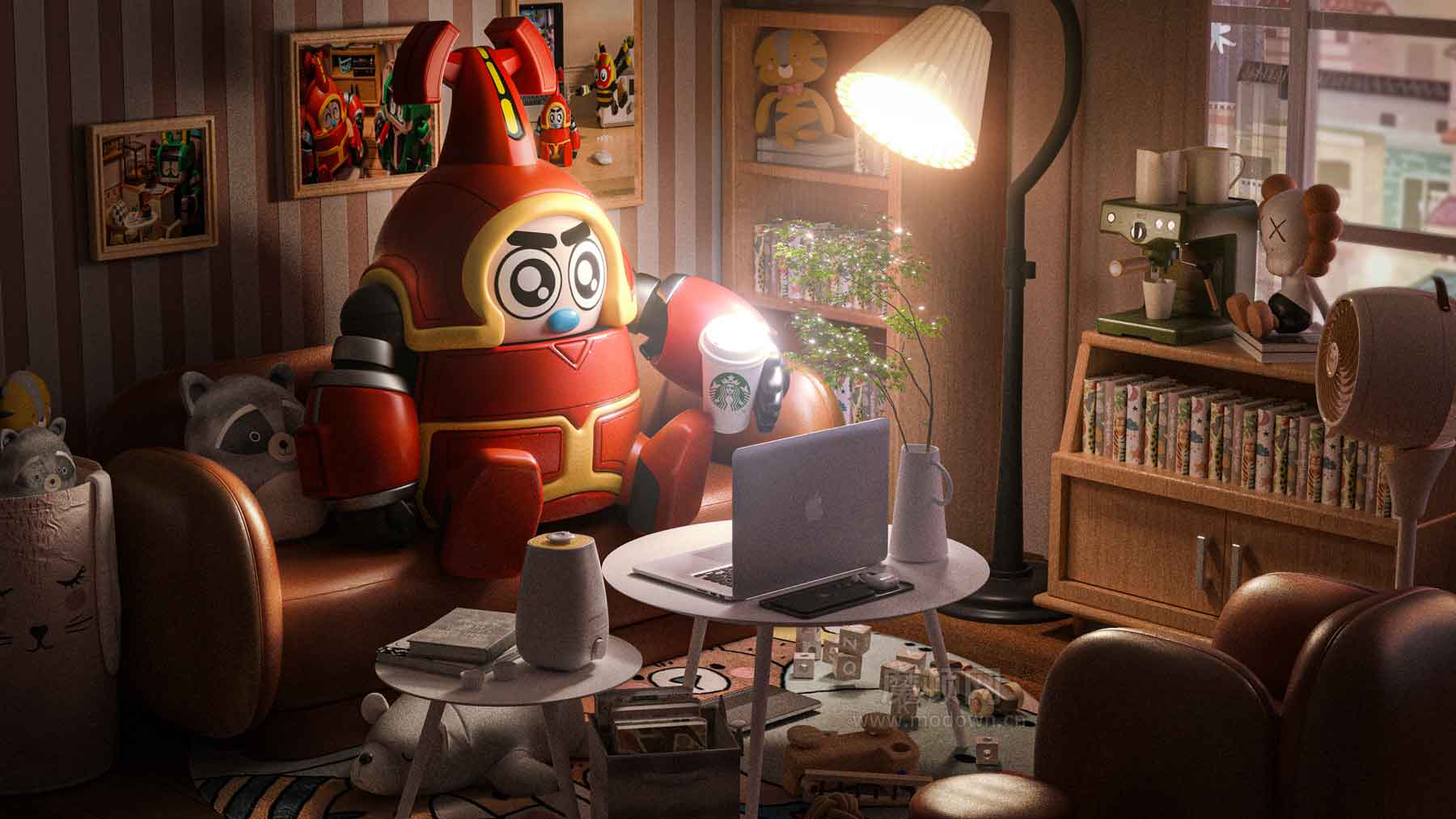 C4D+Octane卡通IP场景工程：铁甲小宝卡布达沙发电脑