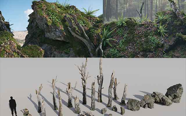 C4D苔藓生物与枯木石头场景组合模型下载
