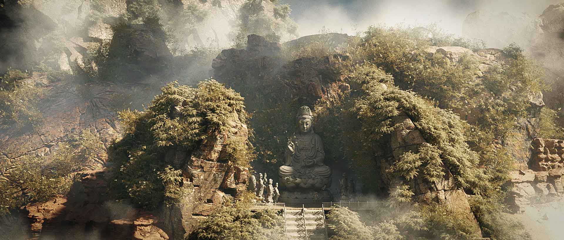 Octane C4D佛像场景工程：写实森林佛祖模型资源分享