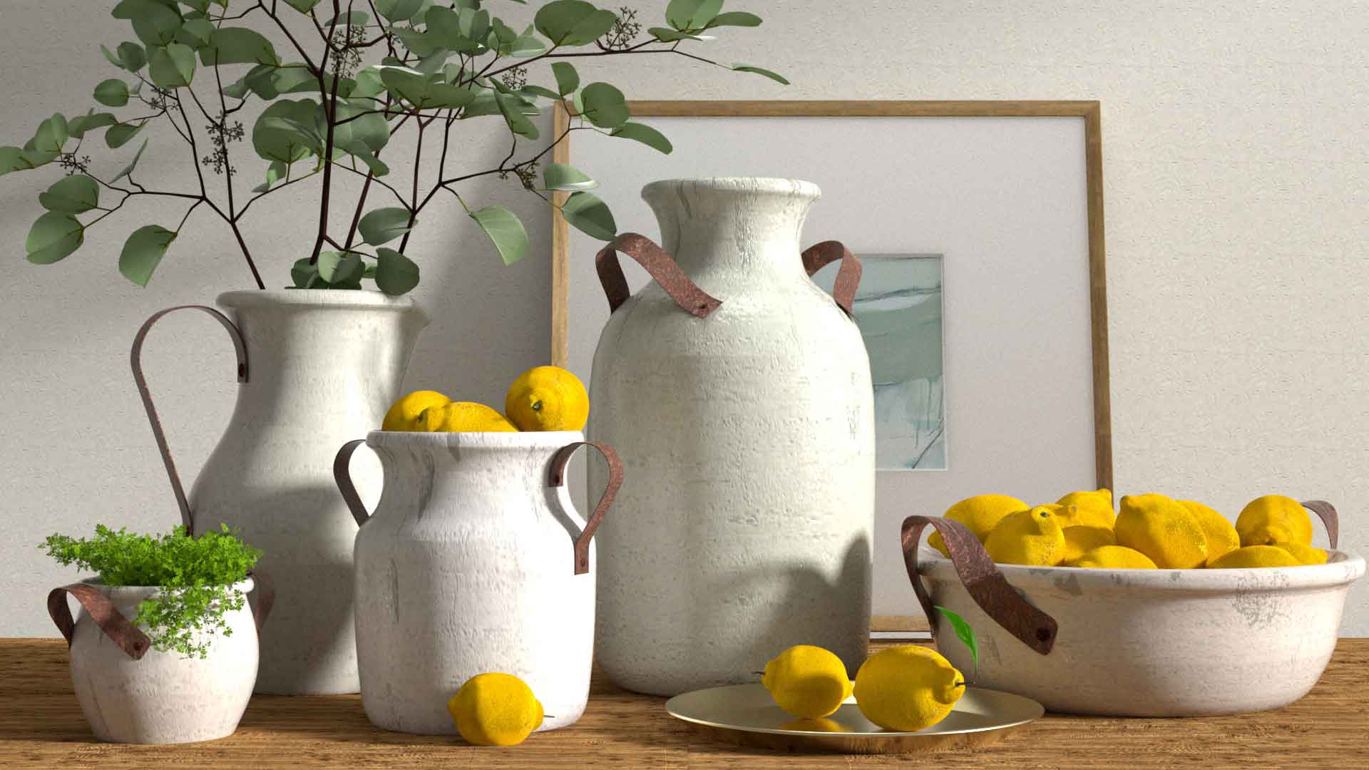 免费C4D资源：写实风格桌上柠檬场景与陶瓷花瓶Octane工程文件下载
