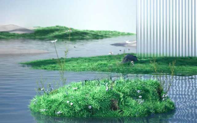 Octane电商简约产品海报背景场景工程：微软风水上花草草地模型