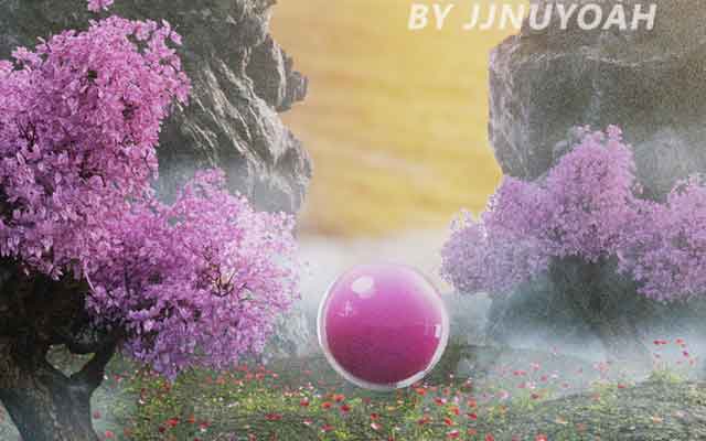 魔行OC工程：幻想风格森林场景（含花树、石头与草地）