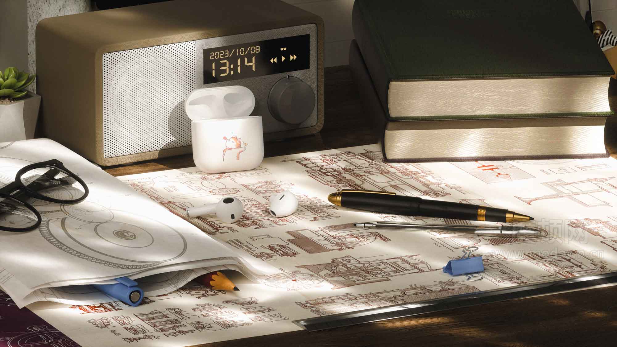 魔行网Octane桌面场景模型：钢笔、圆珠笔与铅笔素材下载