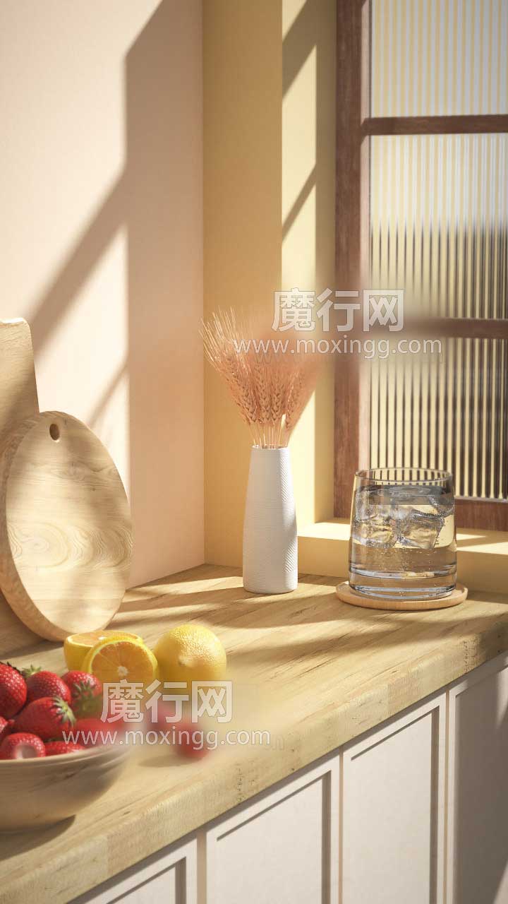 魔行网OC工程-电商简约产品海报背景搭建场景：厨房一角模型（含切开柠檬/麦穗/草莓/粘板）54